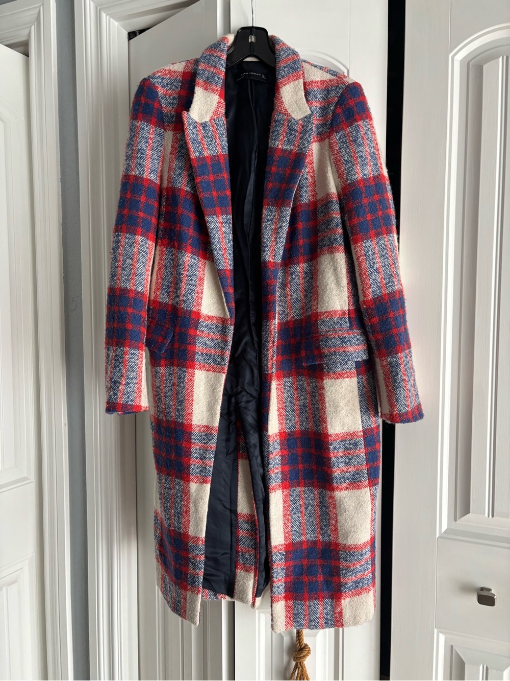 Zara Wool-Blend Long Coat - Red, Blue & Cream